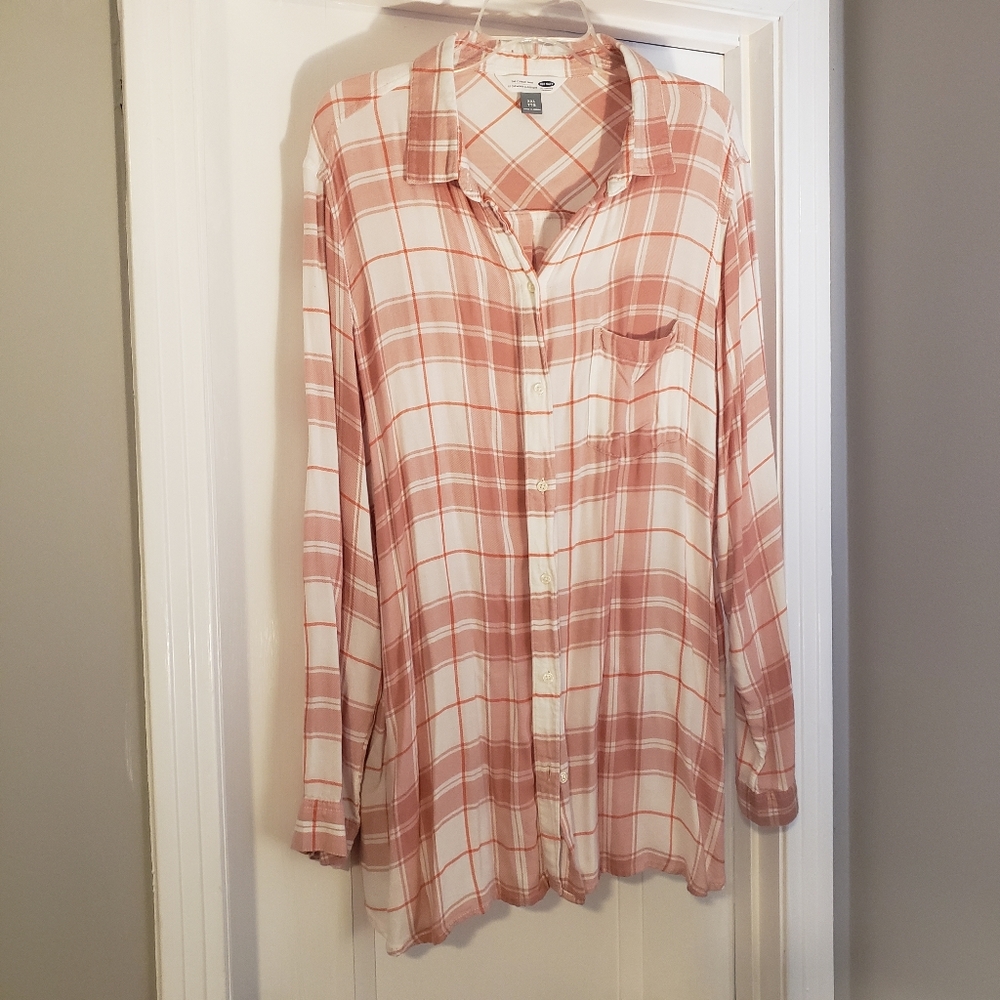 Salmon/white plaid button down top